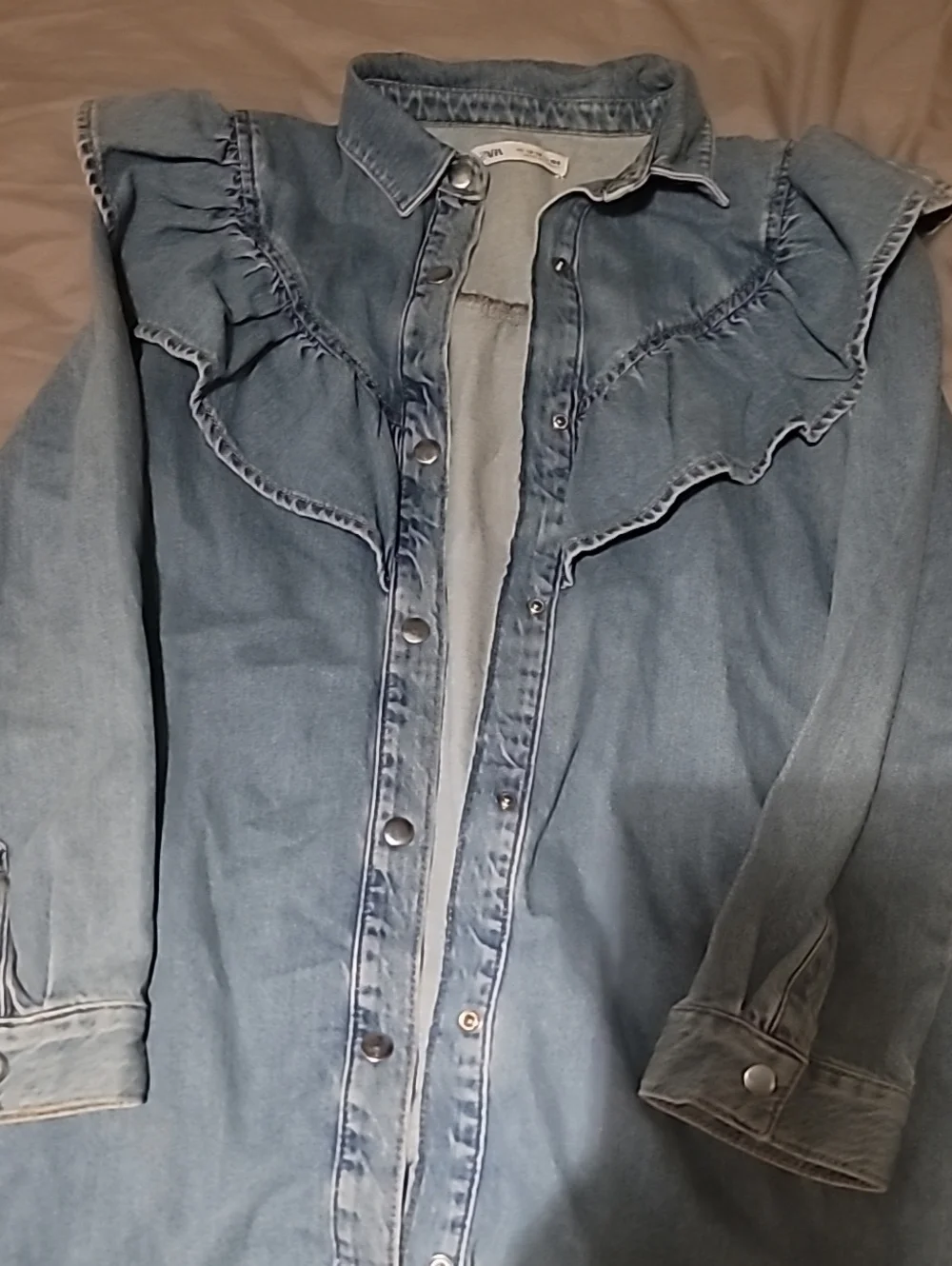 Zara Light Blue Ruffle Denim Shirt Dress